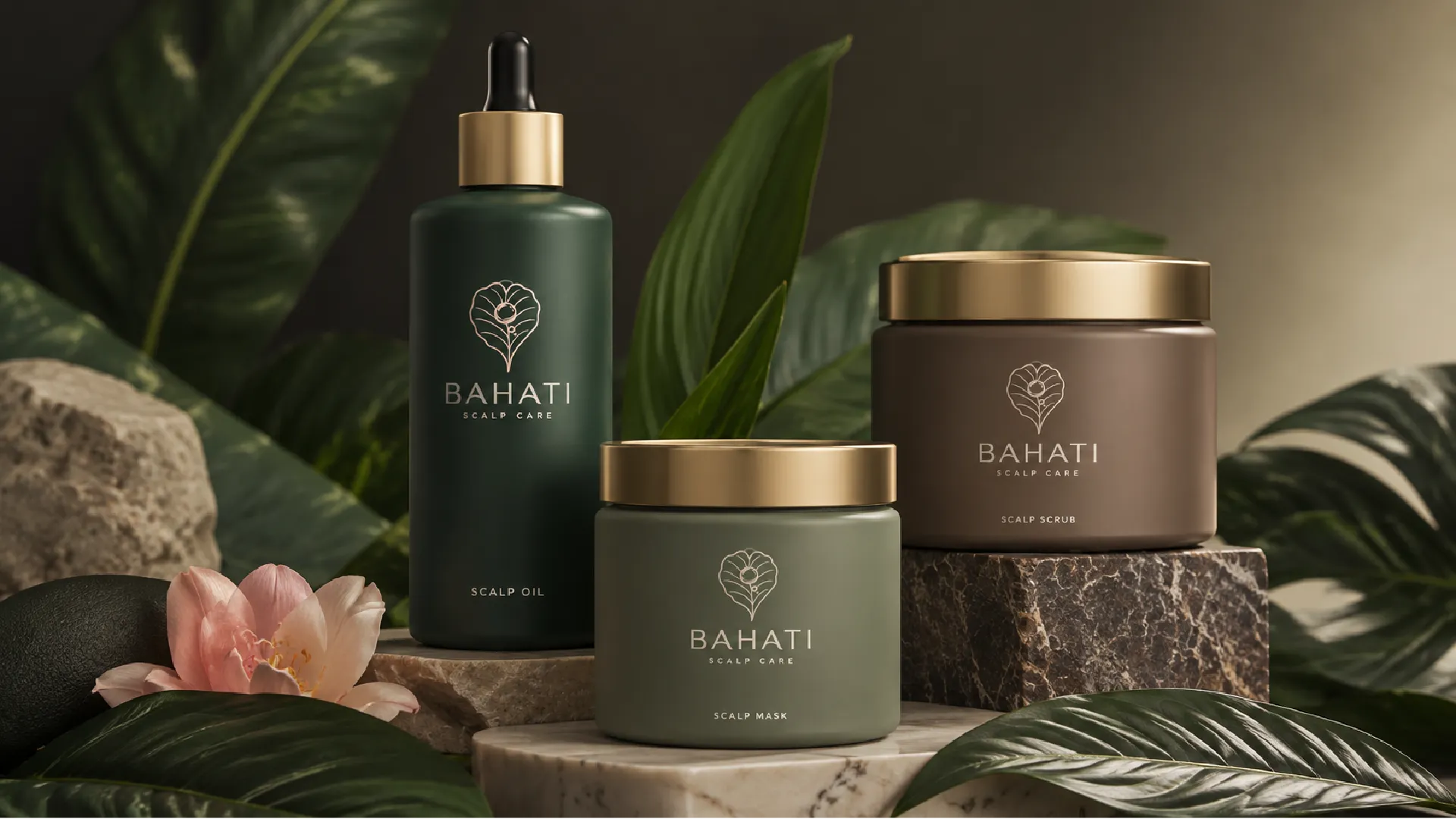 Bahati scalp-care product family in a botanical setting